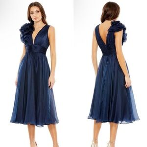 NWT 49494 Mac Duggal Ruffle Shoulder Midi Dress Midnight Blue